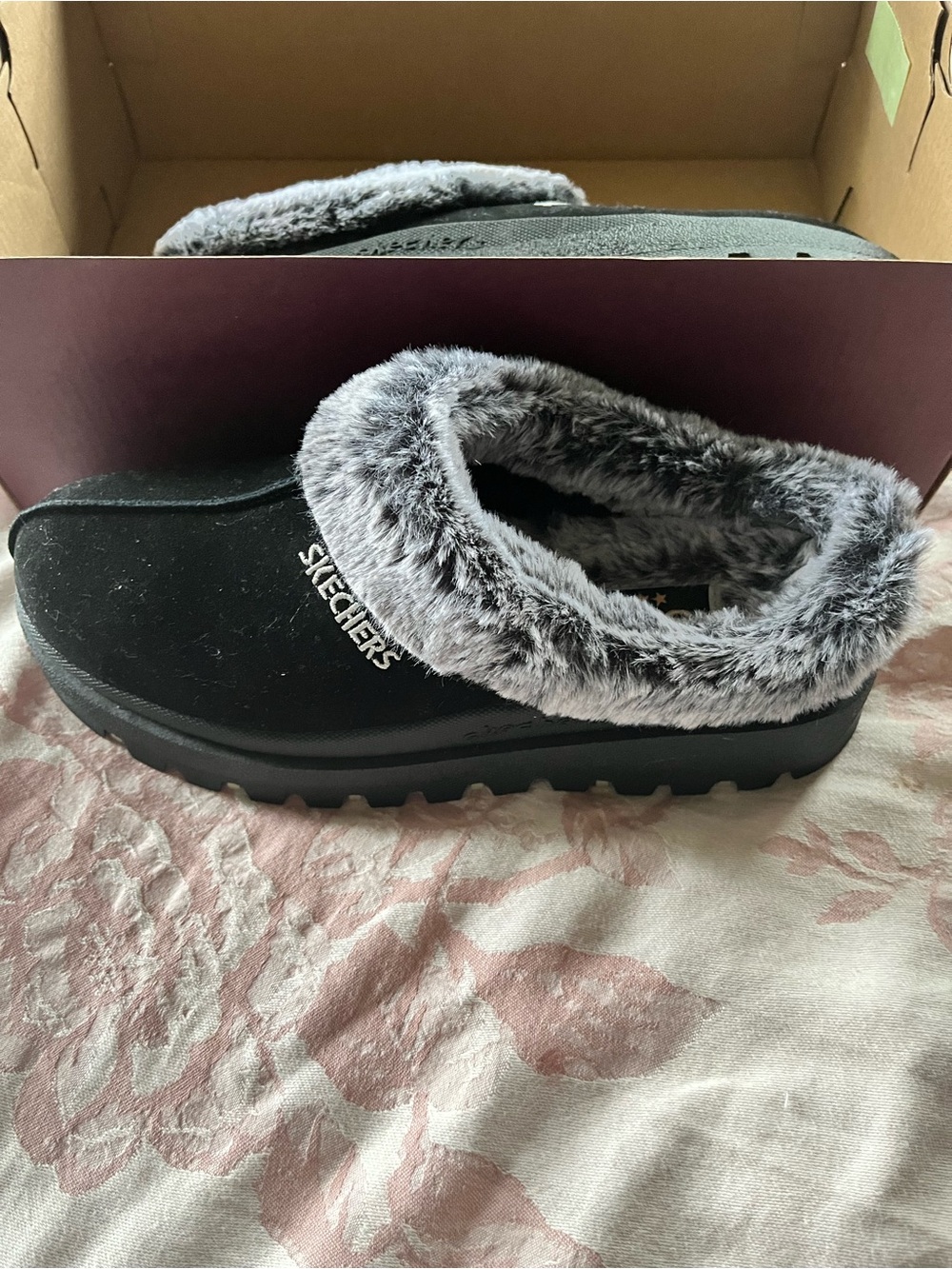 Skechers Black Slip-On Clog with Gray Faux Fur Collar